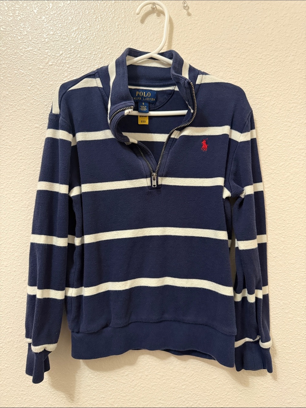 Polo by Ralph Lauren Navy & White Striped Half-Zip Sweatshirt with Red Pony